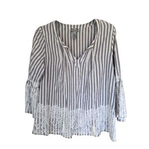 Studio West Boho Striped Cotton Blouse Lace Trim 1X Plus Size Bell Sleeve Tassel